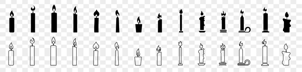 Set silhouettes of candles for religion and party celebration on transparent background