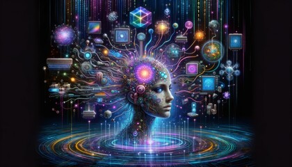 Digital Art of a Humanoid Head Inside a Vibrant Techno-Cosmic Maze with Surrealist Surroundings, featuring Abstract Patterns and Glowing Cybernetic Imagery