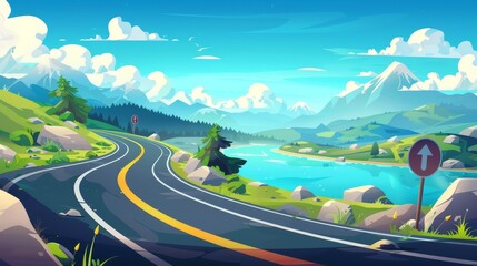 Travel adventure on winding highway with mountain and lake landscapes. Modern cartoon illustration with asphalt road heading to river, warning traffic sign, rocks on horizon, blue sky, fluffy clouds