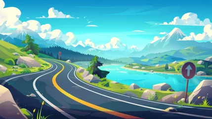 Deurstickers Travel adventure on winding highway with mountain and lake landscapes. Modern cartoon illustration with asphalt road heading to river, warning traffic sign, rocks on horizon, blue sky, fluffy clouds © Mark