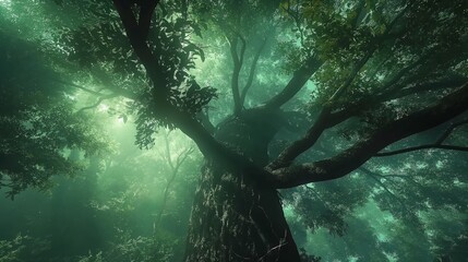 AI generated illustration of a foggy forest with a tree of whispers - obrazy, fototapety, plakaty
