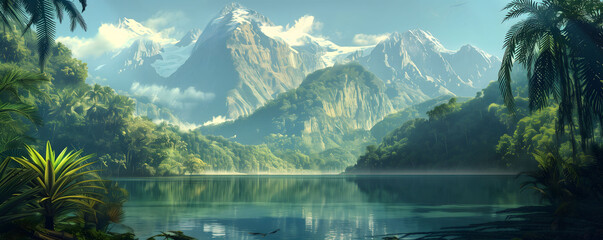 AI generated illustration of a scenic lake with distant mountains and palm trees