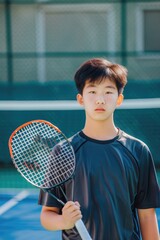 young Asian boy player posing with tennis racket on court, ready to play game. Fictional Character Created by Generative AI.