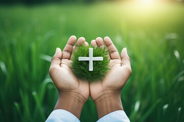 Human hand holding grass, medical symbol, green background, healthcare, world health day or world environment day, sustainable earth concept - 782917729