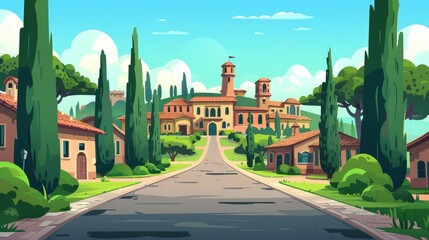 Fototapeta na wymiar A road in a forest leads to an Italian village on the coast. It is a summer or spring modern cartoon landscape with a green tree and an European town far on the horizon. A foreign tourist is