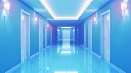 Interior of a hotel hallway. Closed bedroom with lamp and light inside motel aisle. Illustration of a hostel or condominium. Modern college campus scene. - obrazy, fototapety, plakaty