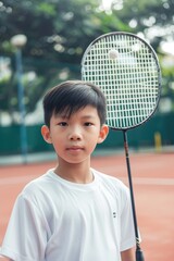 young Asian boy player holding a badminton racket on court, ready to play game. Fictional Character Created by Generative AI.