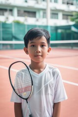 young Asian boy player holding a badminton racket on court, ready to play game. Fictional Character Created by Generative AI.