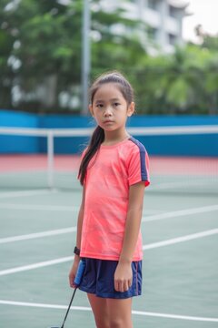 young Asian girl player holding tennis racket on court, posing for a picture and ready to play game. Fictional Character Created by Generative AI.