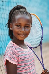 young Black girl player posing with tennis racket on court, ready to play game. Fictional Character Created by Generative AI.