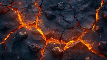 Ground texture of volcanic lava cracks. Horizontal view of broken earth with magma glow. Destruction on hell floor surface. Split fracture damage with orange burn elements. - obrazy, fototapety, plakaty