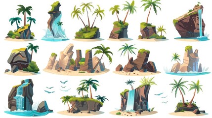 Cartoon scene set of an uninhabited tropical isle. Beautiful exotic sand land coast in ocean with palm tree and stone cliffs.