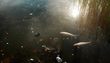 AI-generated illustration of fish swimming in a polluted lake - obrazy, fototapety, plakaty