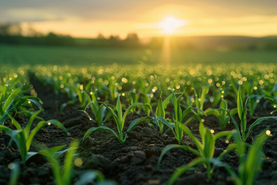 A field planted with green sprouts during the sunrise