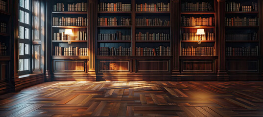Books on Shelves in Library or Study with Classic Dark Wood