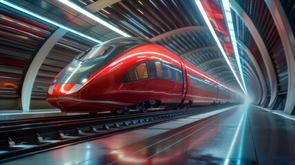 Fototapeta na wymiar Futuristic red train speeding through a modern station.