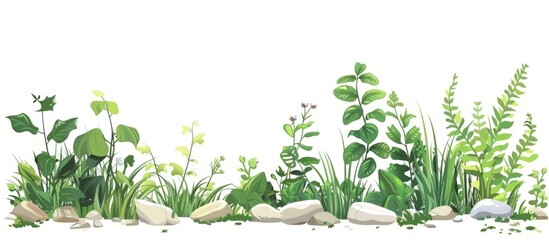 Grouping of various plants and rocks showcased against a white background, focusing on nature elements
