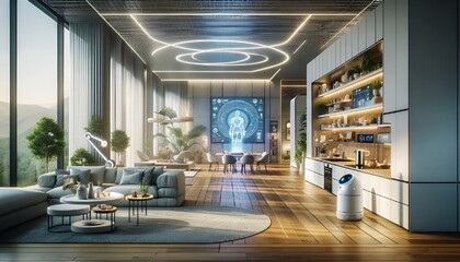 a living area with furniture, tables, lamps and a view of mountains - obrazy, fototapety, plakaty