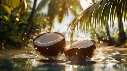 Refreshing coconuts with water splashing out - obrazy, fototapety, plakaty