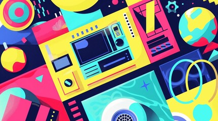 AI generated illustration of vibrant art painting with TV, speakers, and colorful design elements