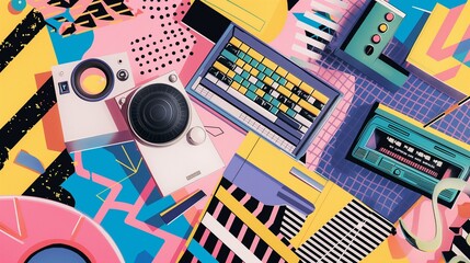 AI generated illustration of assorted electronics and components on vibrant backdrop