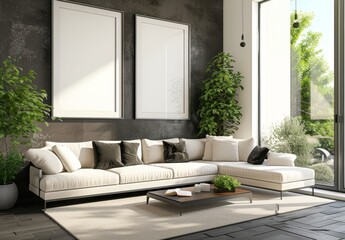 the living room of flat neutral furniture and white wall with white frames and a plant