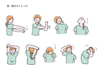 首・肩のストレッチをしている女性のセット