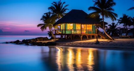 Fototapeta na wymiar AI generated illustration of overwater bungalow on tropical island at twilight, framed by palm trees