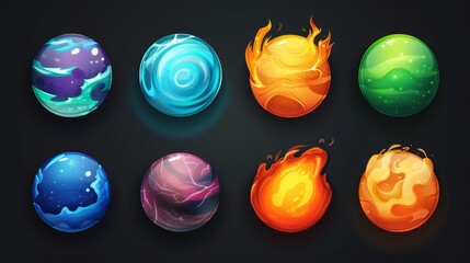 UI design elements for a video game. Set of colorful alien planets isolated on black background. Modern illustration of green, blue, orange, purple space globes with hot magma, cold ice, toxic gas - obrazy, fototapety, plakaty