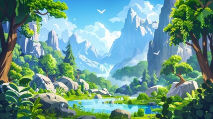 Cartoon mountain landscape with lake and rainforest. Modern illustration of forest with lianas on trees, green plants on bank of river flowing between high rocks, birds in blue summer sky. - obrazy, fototapety, plakaty