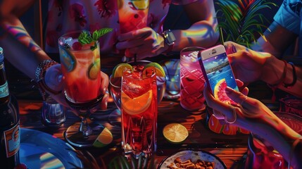 AI generated illustration of a group of people taking pictures of a variety of food and drinks