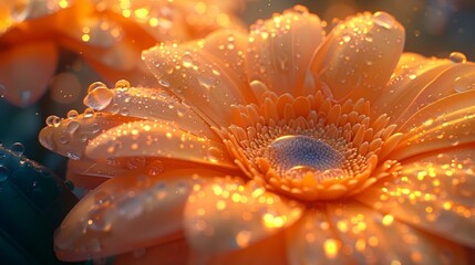 Closeup of an orange flower adorned with dew droplets, AI-generated.