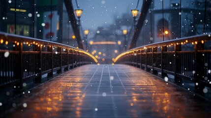 bridge at winter night with lanterns and snow falling down.  - obrazy, fototapety, plakaty