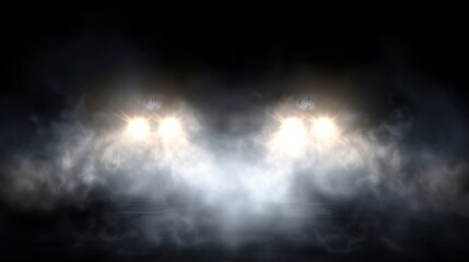 3D spooky dark headlamp lense flare spotlight, sport race auto, realistic car light flare in smoke fog modern effect. Back view of vehicle headlight lamp beam glow. - obrazy, fototapety, plakaty