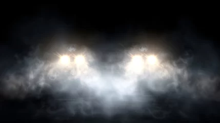 Poster 3D spooky dark headlamp lense flare spotlight, sport race auto, realistic car light flare in smoke fog modern effect. Back view of vehicle headlight lamp beam glow. © Mark
