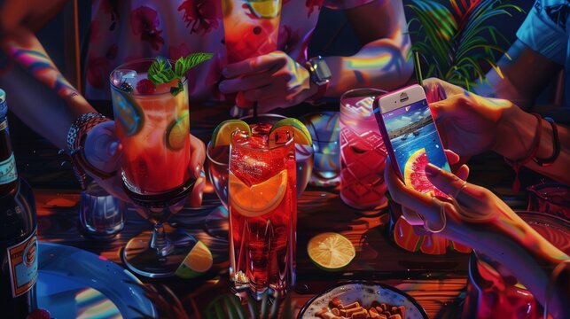 AI generated illustration of a group of people taking pictures of a variety of food and drinks