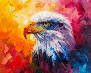 Colorful abstract of a serene eagle, palette knife oil painting, against a dynamic background with rich highlights and dramatic lighting - obrazy, fototapety, plakaty