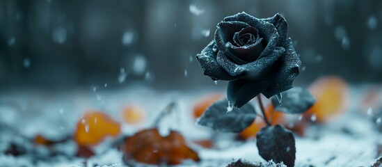 black rose in the snow, autumn leaves covered in snow in the background.  - Powered by Adobe