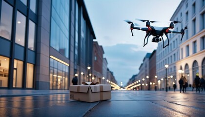 A delivery drone hovers above a city sidewalk, ready to deliver a package, epitomizing modern logistic solutions.. AI Generation