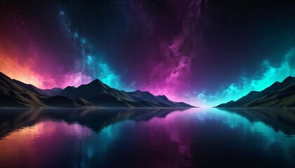 A surreal landscape with vibrant auroras over a tranquil mountain lake, reflecting brilliant hues of pink and purple against a starry sky.. AI Generation - obrazy, fototapety, plakaty