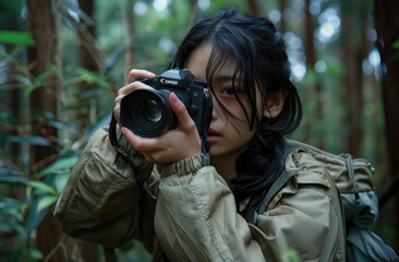 A photo of an Asian woman with black hair taking pictures in the forest, holding her camera to her eye