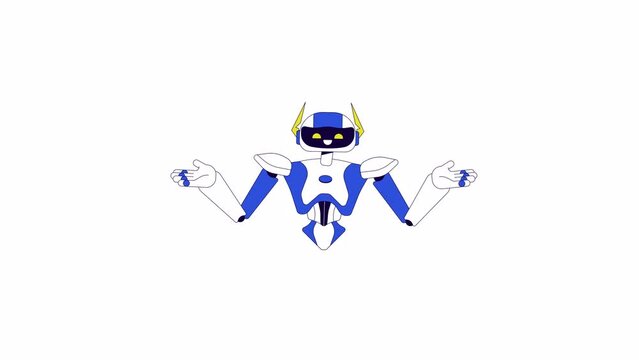 Robot shoulders shrugging line 2D character animation. Intelligence artificial arms out flat color cartoon 4K video, alpha channel. No idea. Confused humanoid animated personage on white background