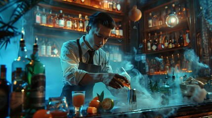 AI generated illustration of a man pouring a drink in a smoky bar - obrazy, fototapety, plakaty