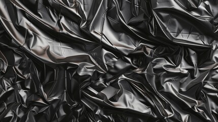 A set of black plastic wrap overlays. Modern illustration of polyethylene wrapping texture, wrinkled stretch film background, cellophane package, crumpled glossy paper, and patent leather. - obrazy, fototapety, plakaty