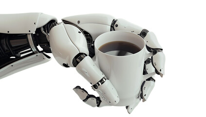 A closeup of an AI robot's hand holding a coffee cup, with the cup placed in front and slightly to its right side on a white background