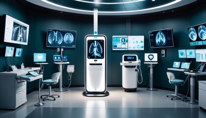 A futuristic medical imaging room equipped with sophisticated diagnostic machines and multiple displays for advanced patient care. AI Generation. AI Generation - obrazy, fototapety, plakaty