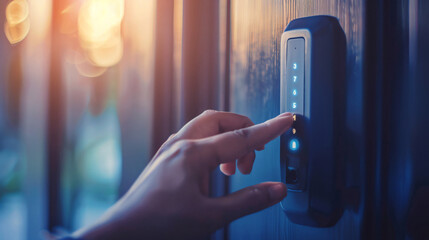 the hand is touching the electronic door knobs on a door - obrazy, fototapety, plakaty