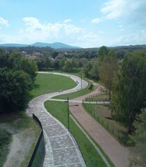 Vertical aerial view of pathways in a green park on a sunny day