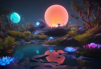 AI generated illustration of a whimsical pond with blooming flowers and a bright full moon