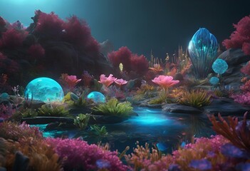 AI generated illustration of a serene lake with lush vegetation and glowing orbs - obrazy, fototapety, plakaty